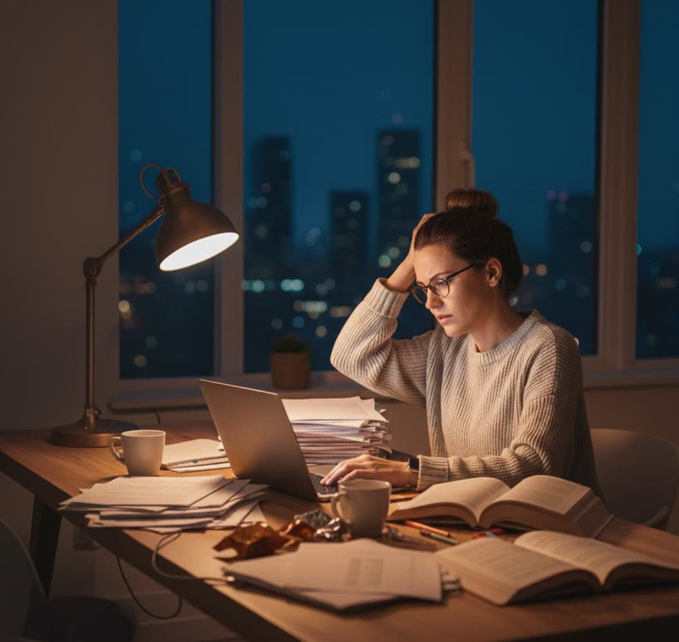Teacher working late at night on lesson planning, looking stressed and tired
