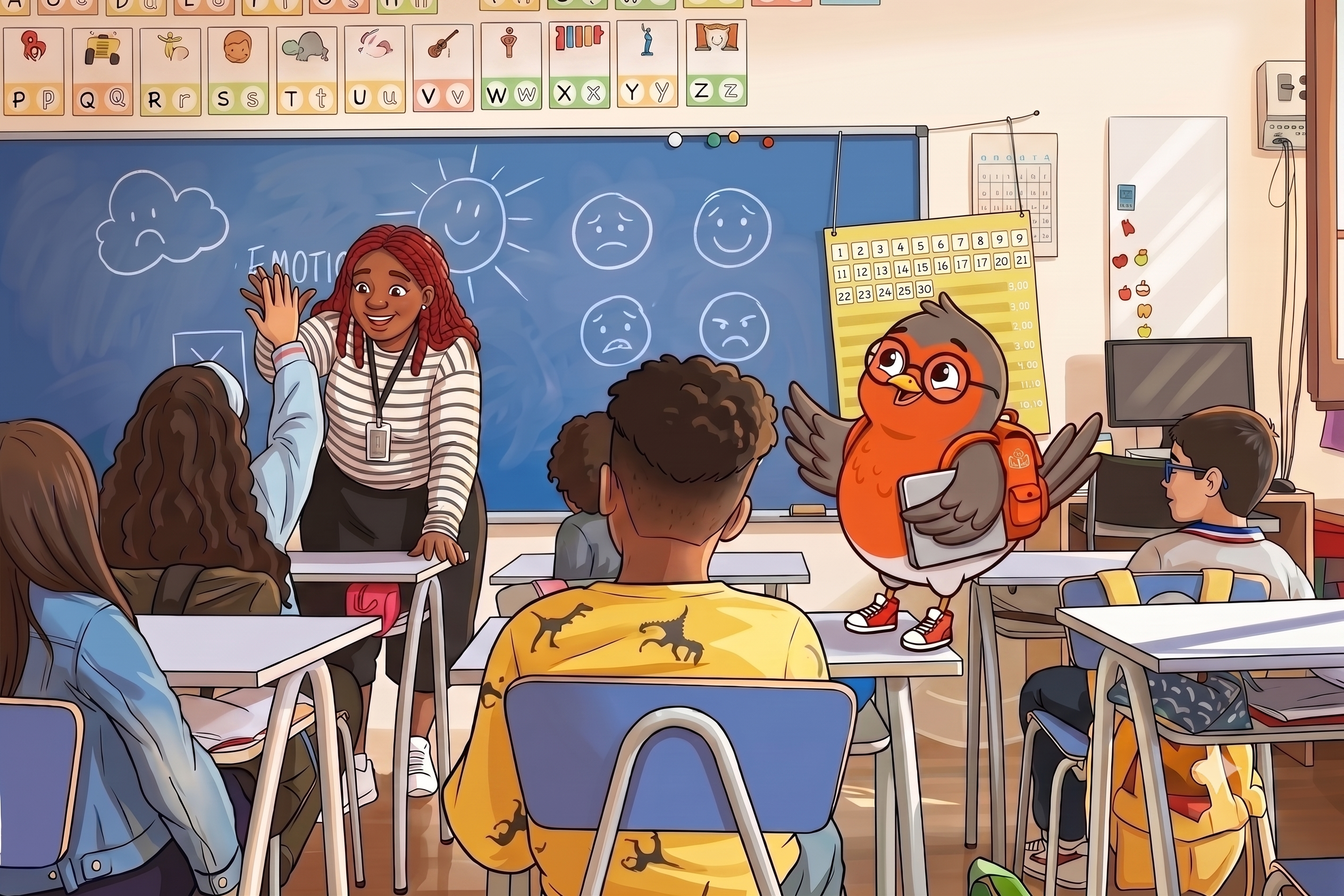 Teacher in a bright classroom using MyLessonStudio